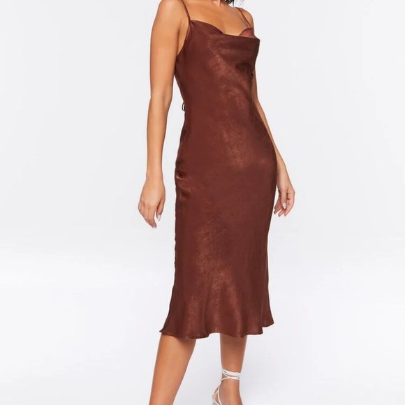 BOGO Forever 21 Brown Satin Cowl Neck Midi Dress Size Medium - Picture 1 of 11